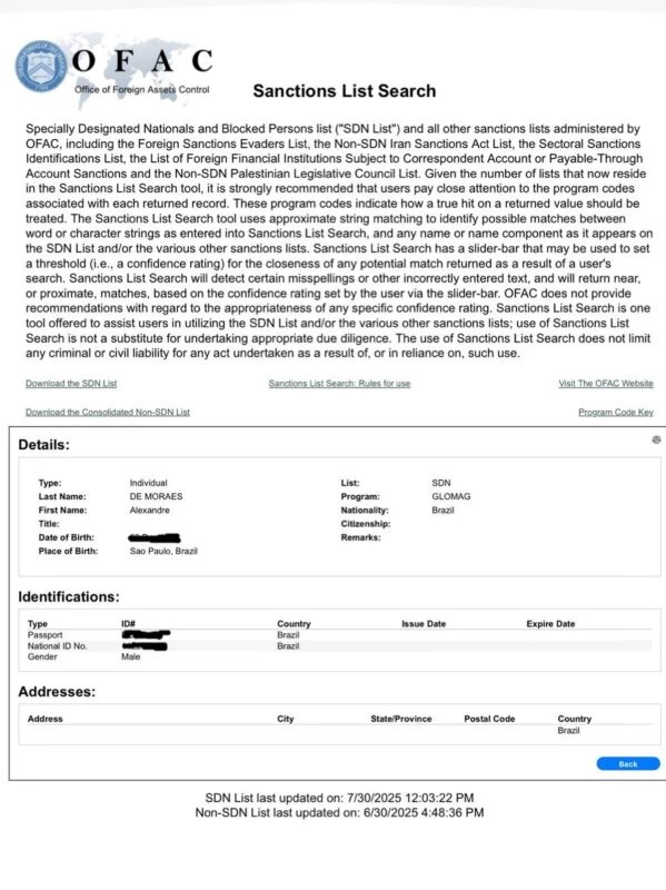 Documento que inclui Moraes na lista de sancionados da Lei Magnitisky Foto: Reprodução