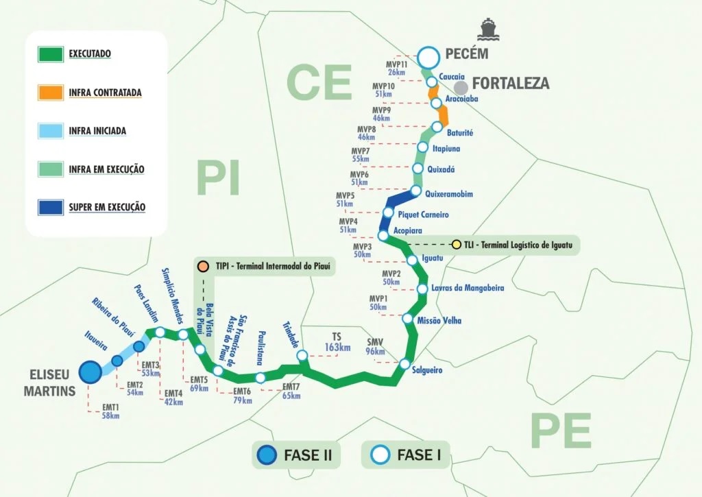 Mapa atualizado da Transnordestina nos trechos de Piauí, Ceará e Pernambuco – Foto: Divulgação