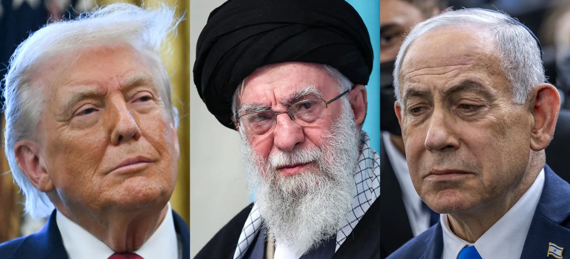 O presidente dos EUA, Donald Trump; o Líder Supremo do Irã, Aiatolá Ali Khamenei; e o primeiro-ministro de Israel, Benjamin Netanyahu | Crédito: AFP PHOTO / HO / KHAMENEI.IR