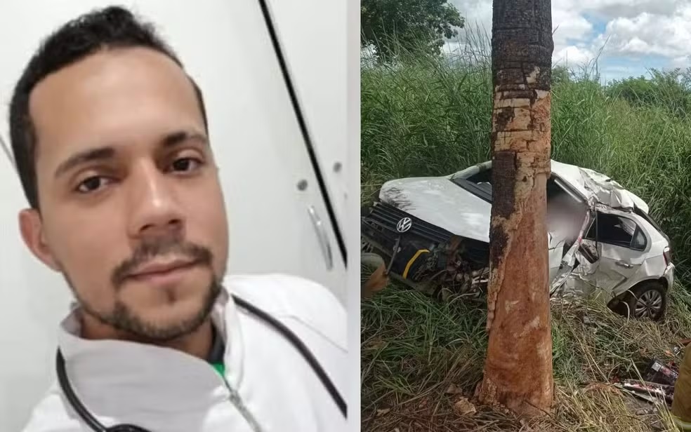 Técnico de enfermagem morre após pneu de carro estourar e veículo bater em árvore na Bahia — Foto: Corpo de Bombeiros