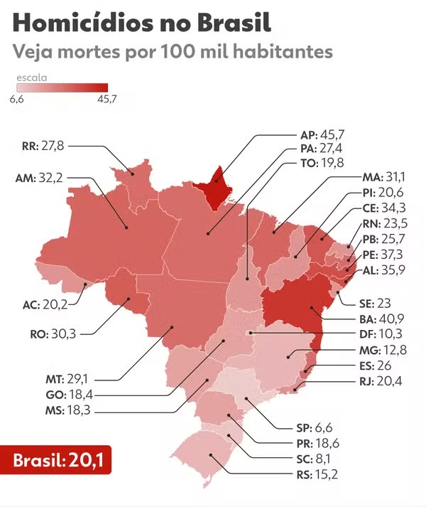 Infográfico - Mapa mostra taxa de homicídios no Brasil em 2024 por estados. — Foto: Alberto Correa / - Arte/g1