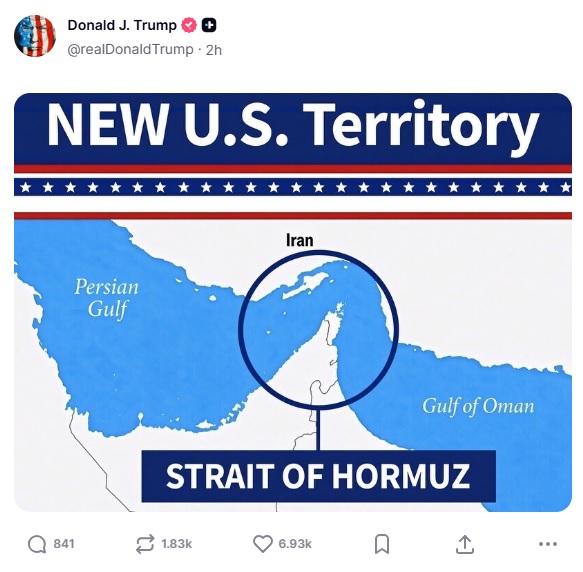 Postagem de Donald Trump sobre Ormuz Foto: Reprodução / Truth Social